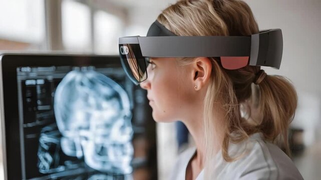 Medical professional wearing AR glasses examines a skull X-ray on a monitor.
