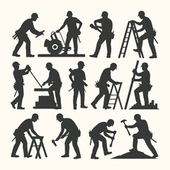 Vector art of collection of silhouette icons representing construction workers and tradespeople performing various tasks, isolated on a light background