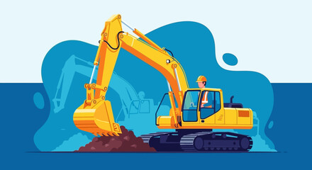 Yellow excavator with operator digging dirt Heavy machinery for construction earthworks and industry © YOUSTOCK