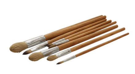 Set of natural wood paintbrushes with soft bristles isolated on white background, perfect for artists and painters