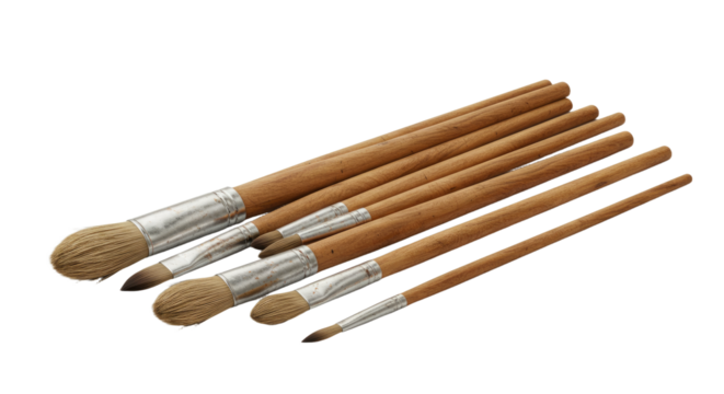 Set of natural wood paintbrushes with soft bristles isolated on white background, perfect for artists and painters