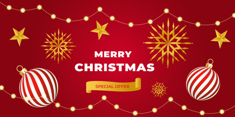 Merry Christmas and Happy new year sale ornaments, and gold star and snowflakes, lights. Holiday greeting card banner design on red background, Vector illustration