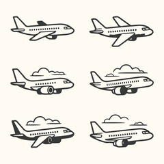 Vector art of collection of six stylized airplane icons, some with clouds, in a simple line art style