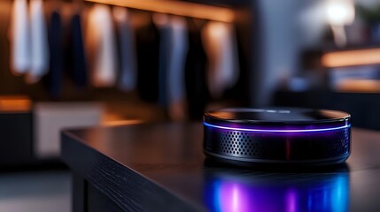 Fototapeta premium Smart speaker with glowing blue LED light ring on wooden table in dark room, modern home technology for voice control and music streaming.