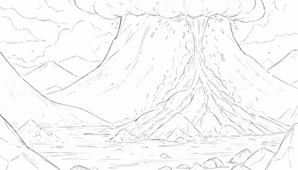 Obraz premium Volcano eruption coloring page featuring lava flow and dramatic landscape for creative expression 