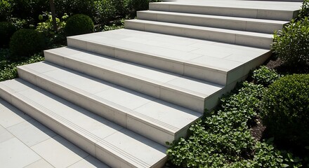 Elegant stone staircase leading upward amidst lush green foliage outdoors