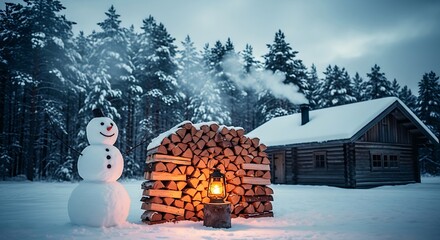 Cozy Winter Wonderland Scene with Snowman, Log Cabin, and Warm Firewood Stack at Dusk.