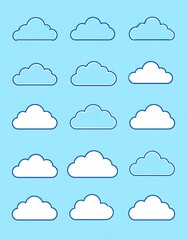 Collection of stylized cloud illustrations, each with a white interior and a light blue outline, set against a pastel blue background