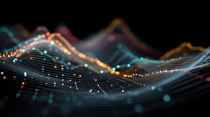 Abstract visualization of data waves with colorful dots and lines, representing digital information flow and connectivity against a dark background.