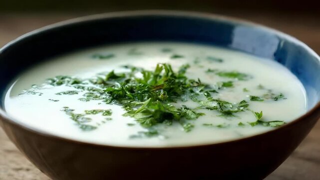 A bowl of creamy white soup garnished with chopped parsley.