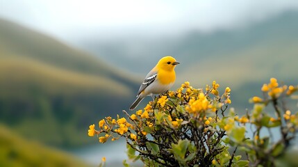 Yellow songbird perched on blooming yellow wildflowers against blurred mountain landscape background, vibrant nature photography capturing spring wildlife moment.