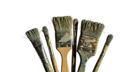 Set of old used paintbrushes with worn bristles and paint stains, perfect for art projects and DIY crafts