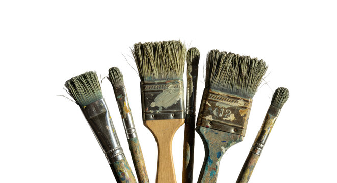 Set of old used paintbrushes with worn bristles and paint stains, perfect for art projects and DIY crafts - Powered by Adobe