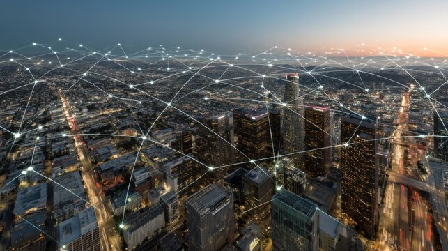 A stunning aerial view of a city skyline at dusk, enhanced with digital network graphics symbolizing connectivity and technology.