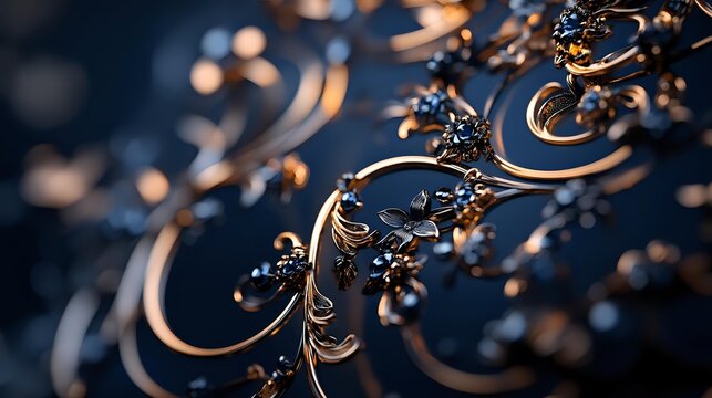 Elegant golden fractal spiral pattern with intricate floral details on dark blue background creates mesmerizing abstract composition for luxury design projects.