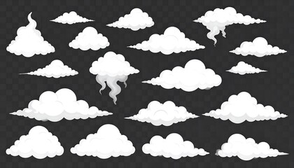Collection of stylized, fluffy clouds in various shapes, arranged against a transparent, checkered background. Rendered in a cartoonish aesthetic