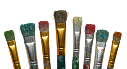 Set of paintbrushes with colorful paint on bristles isolated on white background, perfect for art projects and painting tutorials