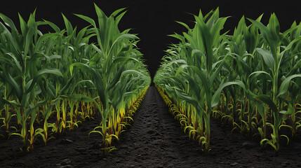 Obraz premium Leaf symmetry and soil depth evoke clarity, ritual, and editorial depth in agricultural storytelling. Vanishing lines and plant vigor highlight growth, rhythm, and spatial harmony.