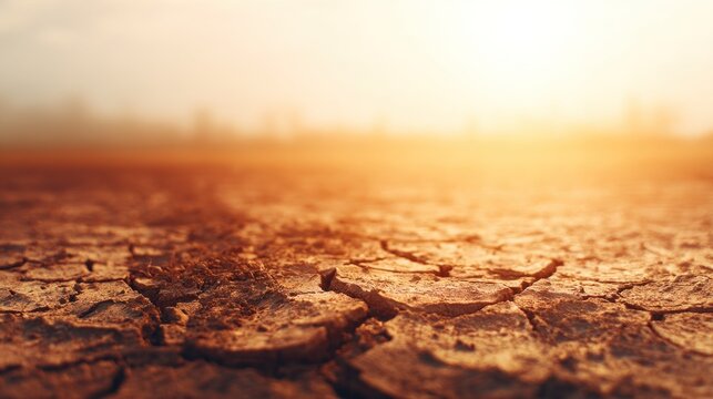 A sunlit, cracked earth landscape, illustrating drought and environmental challenges, with a warm golden hue in the background.