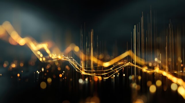A dynamic visualization of golden light waves and fluctuating lines, representing data trends or financial metrics against a dark background.