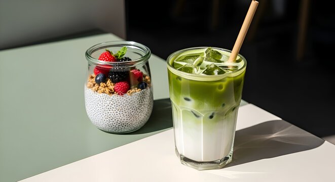 Healthy breakfast with matcha latte and chia seed pudding with fresh berries and granola food