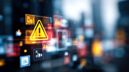A digital interface displays warning signs and data visualizations, suggesting a focus on alerts and information analysis in a technology-driven environment.