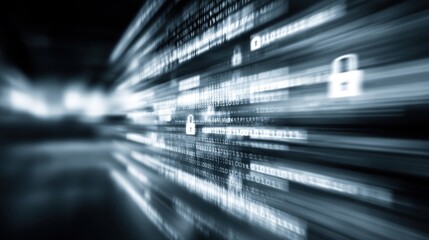 A dynamic abstract representation of digital data flow, featuring binary code and security locks, symbolizing cybersecurity and information technology.
