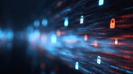 A futuristic digital background featuring glowing locks and data streams, representing cybersecurity and data protection.