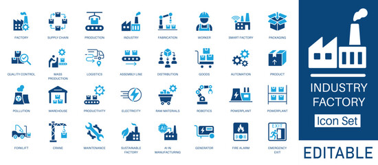 Factory and Industrial Production solid icon set. featuring AI in Manufacturing, Robotics, Supply Chain, and Sustainable Factory. Flat vector design for industrial automation and smart manufacturing.
