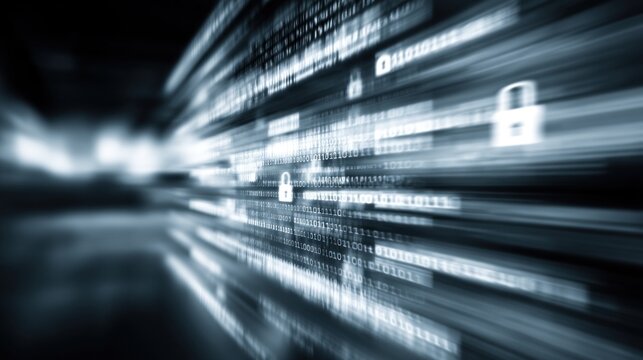 A dynamic abstract representation of digital data flow, featuring binary code and security locks, symbolizing cybersecurity and information technology.