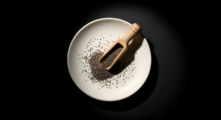 Healthy chia seeds in a white ceramic plate and wooden scoop on dark background
