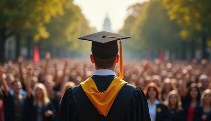 Graduation ceremony outdoors. Graduate in cap and gown faces cheering crowd. Students celebrate academic achievement at university, receive diploma, mark success. Education milestone event.