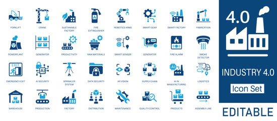 Industry 4.0 and Smart Factory solid icon set. featuring AI in Manufacturing, Robotics Arms, Supply Chain, and Smart Sensor. Flat vector design for industrial automation and digital transformation.