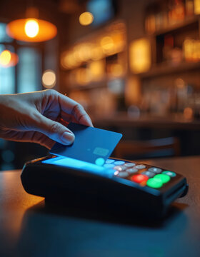 Customer uses credit card for tap payment at illuminated POS terminal in bar. Hand holds blue card making contactless purchase at counter. Modern tech allows fast secure transaction for food, drinks,