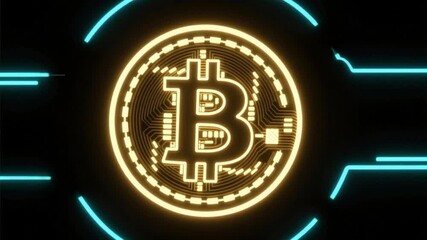 Animated glowing Bitcoin cryptocurrency symbol with circuit board design against dark backdrop for investment and financial technology concepts