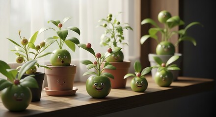 Playful plant figures with expressive faces adorning a windowsill indoors