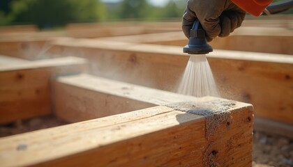 Worker applies pest control treatment to wood foundation beams. Person sprays protective solution on new house construction frame. Pro protects building structure from bugs, termites, rot.
