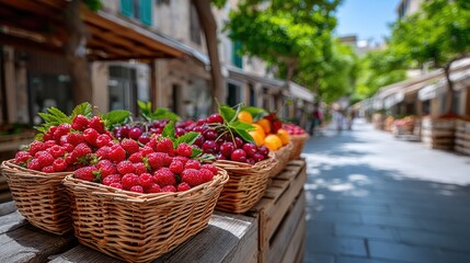 Woven Baskets Filled with Ripe Red Cherries Displayed at Outdoor Market Stall with Trees and Sunny Weather