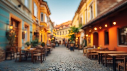 Fototapeta premium A charming cobblestone street lined with colorful buildings and outdoor dining, illuminated by warm string lights creating a cozy atmosphere.