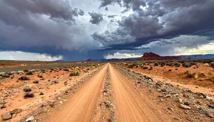 Wide Angle Dirt Road Through Arid Landscape Under Dramatic Stormy Sky Over Red Rock Formations