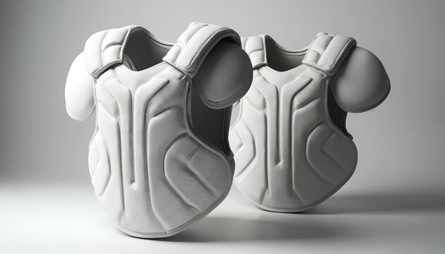 Two white baseball catcher chest protectors shown on a light grey studio background. Protective sports gear for player safety in game or practice. Suitable for baseball or softball.