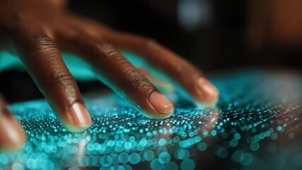 Close-up of a hand gliding over a glowing blue grid of light dots, like a holographic touch interface. - Powered by Adobe