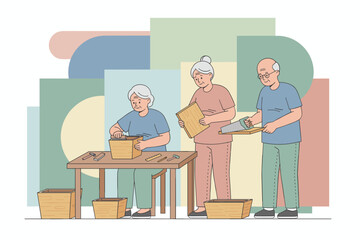 Elderly friends actively engage in woodworking crafting wooden boxes together as a fulfilling hobby