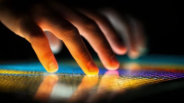 Close-up of a hand hovering above a glowing multicolor LED grid.