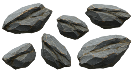 Set of six hand-carved stone arrowheads isolated on white background, perfect for history projects and archaeology collections