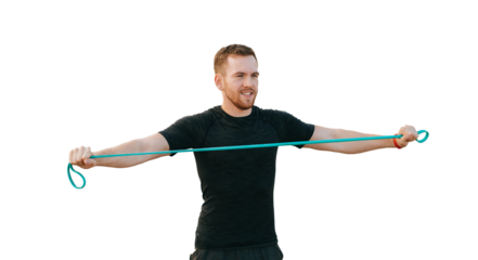 man performs resistance band exercises on transparent background, holding the band with both hands. He wears athletic clothing