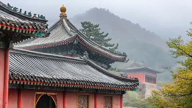 Ancient pagodas with traditional architecture stand against a misty mountain backdrop.