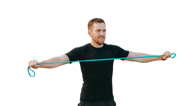 man performs resistance band exercises on transparent background, holding the band with both hands. He wears athletic clothing