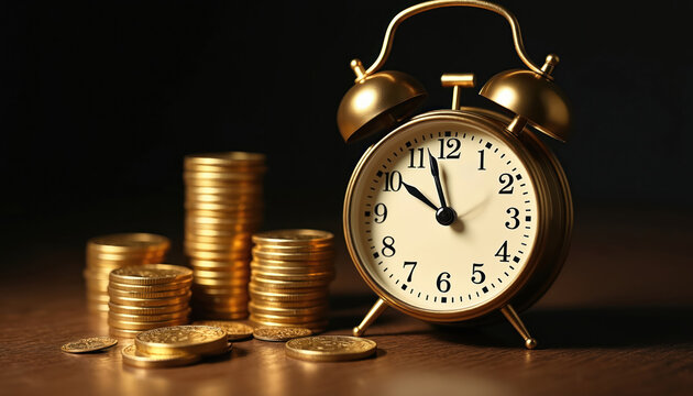 Golden alarm clock displays time with stack of coins. Conceptual time value, investment return, money savings and wealth accumulation concept. Time is money. Financial growth and economy.