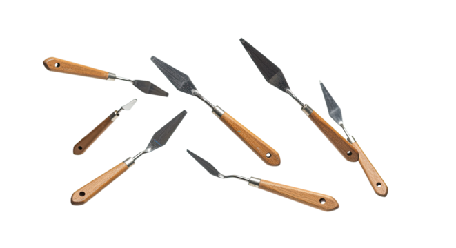 Set of six palette knives with wooden handles isolated on white background, perfect for painting and artistic work